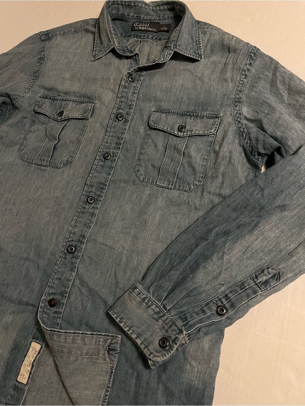 VTG 90’s Polo Ralph Lauren RL Naval Res Chambray Denim Long Sleeve Shirt LARGE - Picture 2 of 9